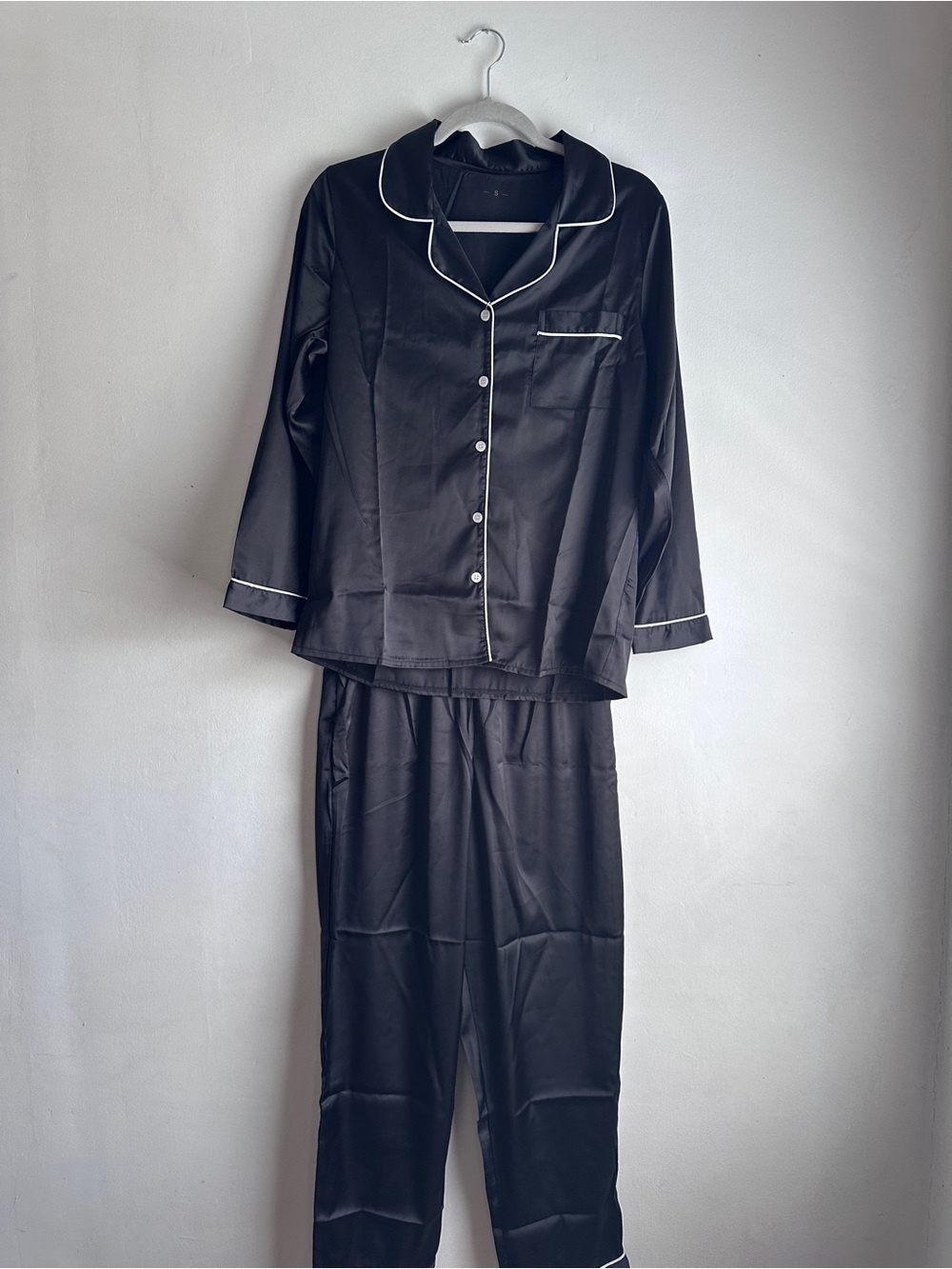 Women's Black Satin Pajama Set with White Piping
